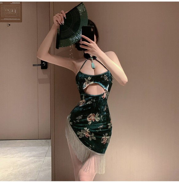 FEE ET MOI - Floral Velvet Cheongsam (Green)